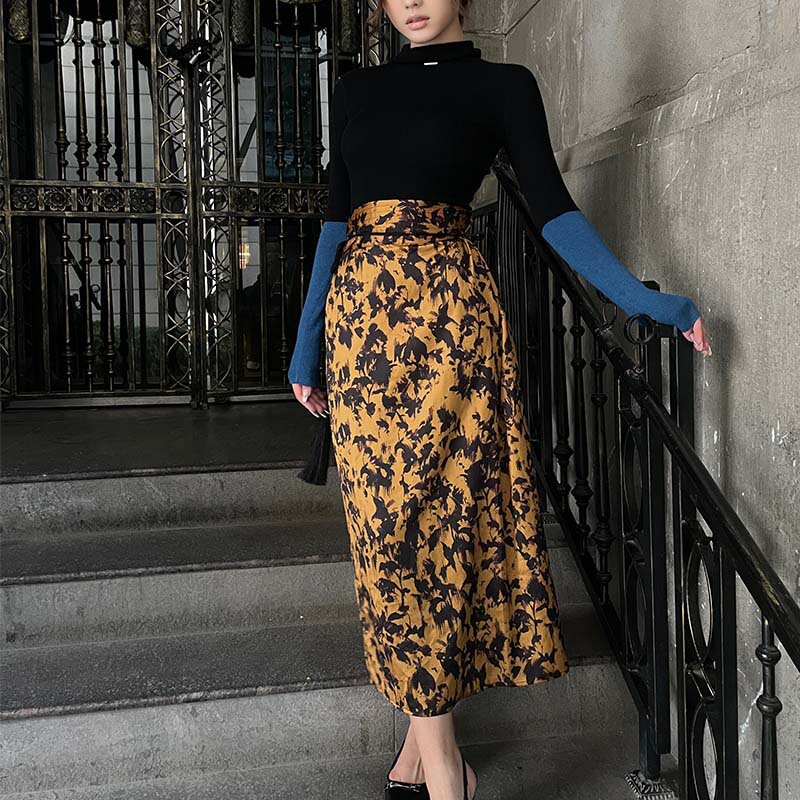 Spot Taup Printed New Chinoiserie Tassel Skirt Gatsby Style High Waist Mid-Length Skirt Wrap Skirt Floral Half Body