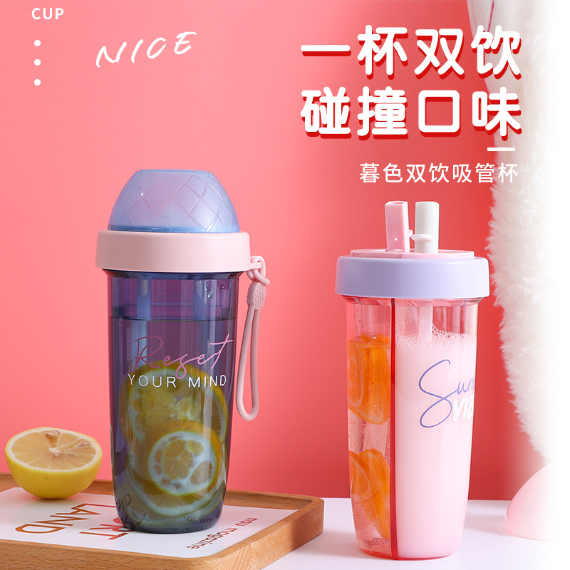 网红水杯带吸管杯可爱少女防烫双饮杯学生便携塑料简约随手奶茶杯