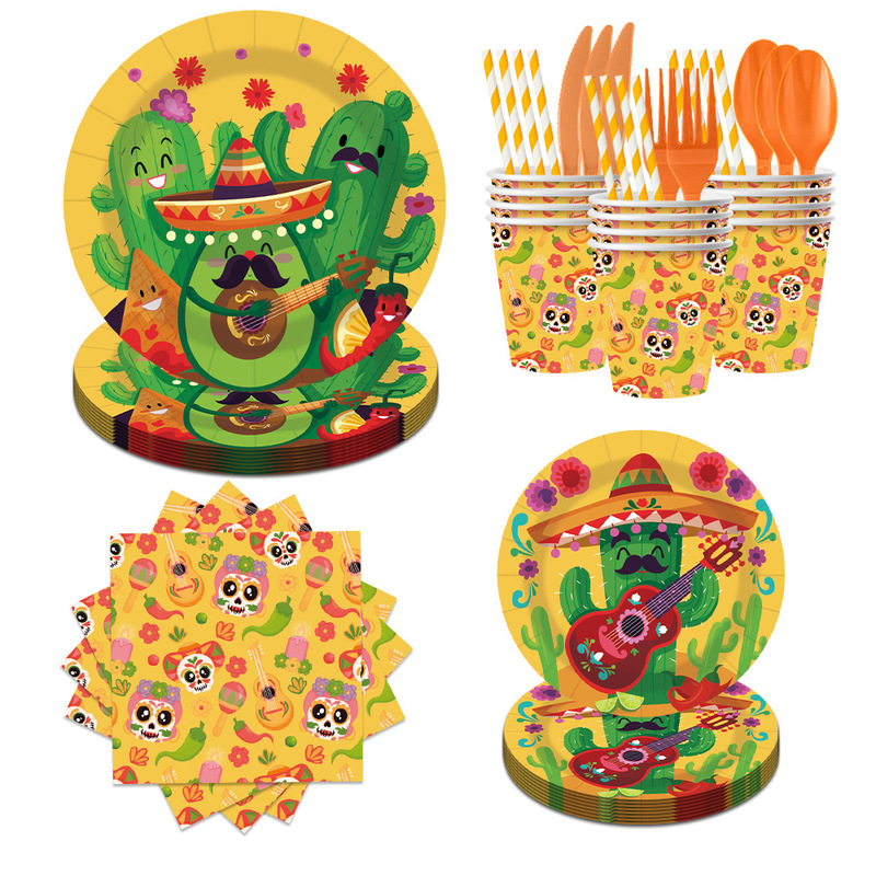 Mexican Cactus Theme Party Supplies Birthday Disposable Paper Plates Paper Cups Tissue Party Tableware Wholesale