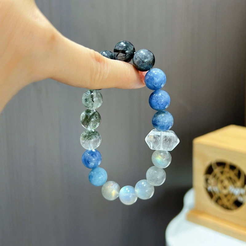 Van Gogh Starry Sky Kyanite Green Ghost Black Hair Crystal Moonstone Crystal Natural Blue Crystal Stone Ball Bracelet Raw Ore