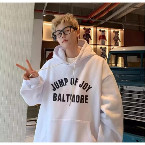 Men's Loose Fit V-Neck Hooded Sweatshirt with Ins Letter Print, Fashionable Streetwear Outerwear for Spring and Autumn, 2024 New Arrival