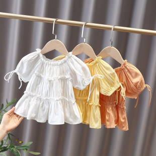 Girls Short-Sleeved T-Shirt French Style 2025 New Summer Girls Pure Color Thin Medium and Large Children's Puff Sleeve Doll Shirt