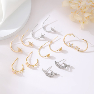 14K gold micro inlaid zircon pearl earring stud holder C- shaped ring semicircle Saturn earrings silver pin earrings semi-finished earrings