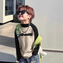 男童长袖t恤德绒春秋款内搭打底衫大中小童百搭字母印花拼色上衣