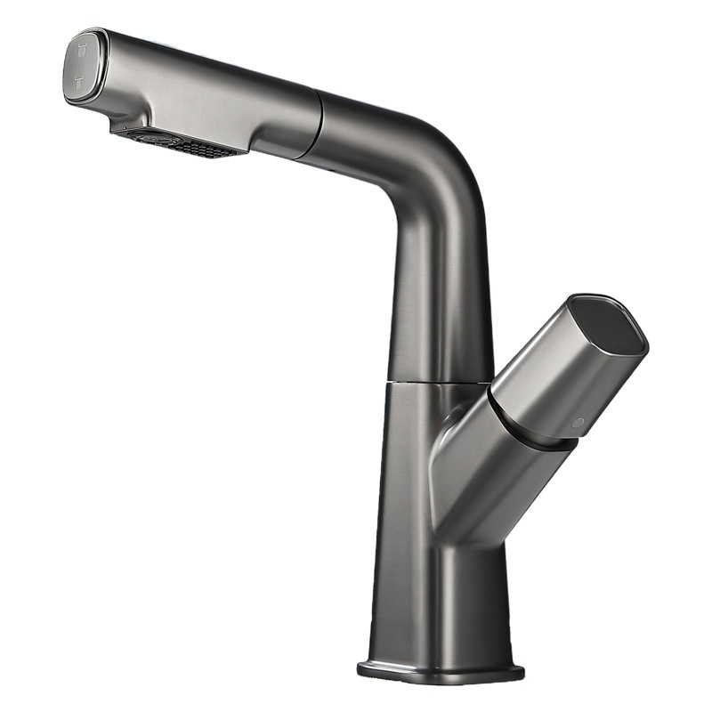 Pistola gris elevador giratorio y pull-pull lavabo grifo de un solo orificio todo el gabinete de baño de crema de cobre se puede lavar el cabello