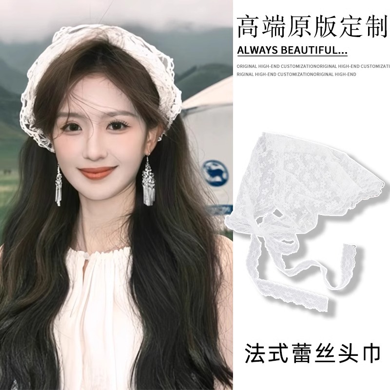 2025 nueva sensación de atmósfera bufandas de seda de flores rasgadas niñas atadas correa de cabello bufandas de encaje diseño sensación de foto bufandas de triángulo versátiles