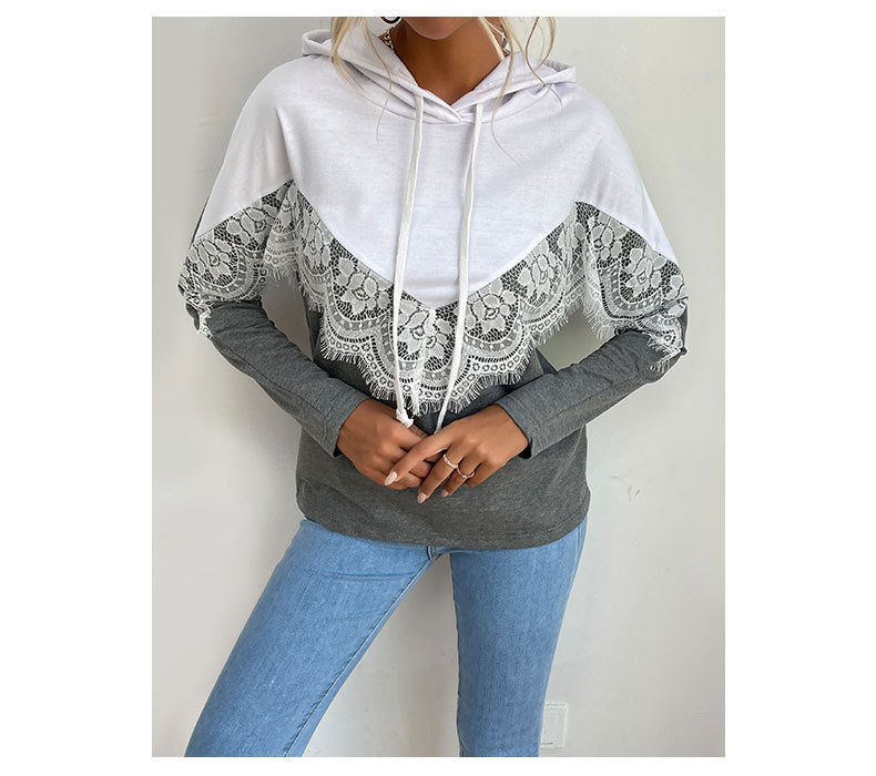 Contrast Color Lace Panel Long-sleeved Sweatshirt Hooded Pullover_voghion.com