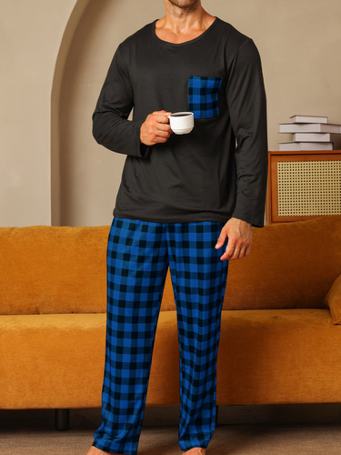 Men's Long Sleeve Pajama Set Plaid Pattern Fitted Style