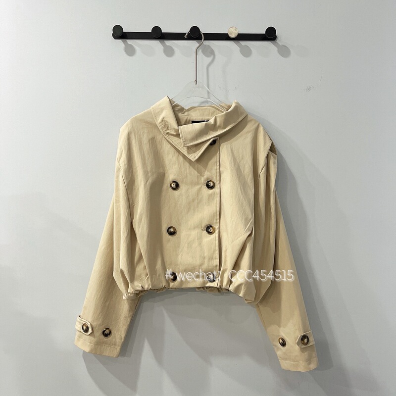 Nanyou Double-Breasted Khaki Short Trench Coat for Women with Drawstring Hem, Loose Fit Jacket for Petite Women
