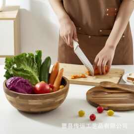 跨境相思木带盖沙拉碗套装实木拼接沙拉碗配勺子家用水果碗餐具