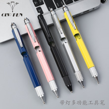 跨境多功能工具笔带灯开瓶器触屏笔水平刻度尺金属圆珠笔九合一