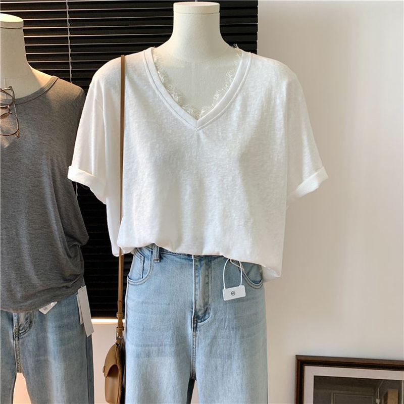 2025 Spring and Summer Cross-Border European and American Clothing New Pure Color Loose Snowflake Cotton V Neck Versatile Lazy Style Short-Sleeved T-Shirt