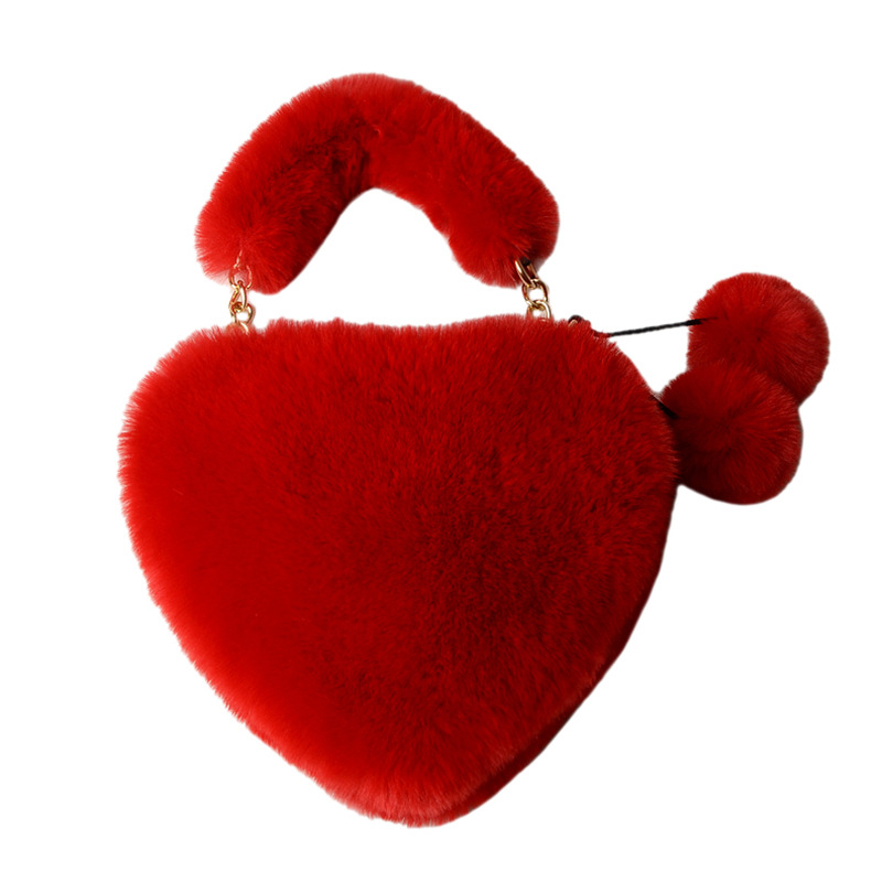 Fabricante en stock bolsa de corazón de melocotón portátil moda felpa en forma de corazón bolsa de peluche bolso de las mujeres