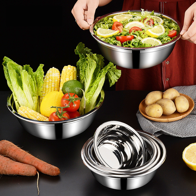 Food Grade 304 Stainless Steel Basin Kitchen Household Vegetable Basin Soup Basin Thickened Flat Bottom Bowl Steel Basin Steel Bowl Soup Bowl