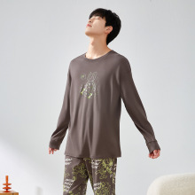 秋冬季纯棉拉棉长袖套头情侣睡衣圆领宽松男女可外穿家居服简约