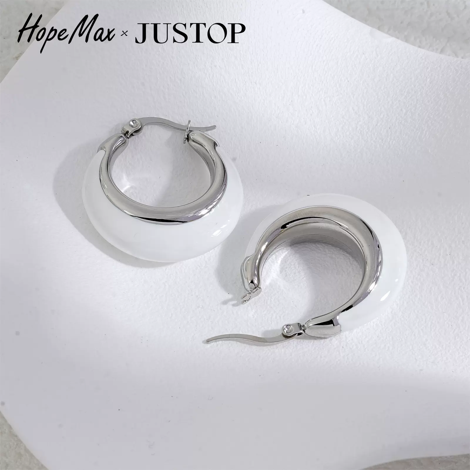 JUSTOP 法式白色时尚耳环 白色滴油耳坠 不锈钢钢色耳饰 白色耳钉