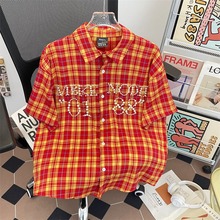 美式复古高街格纹字母钉珠格子衬衫女上衣夏宽松百搭情侣短袖衬衣