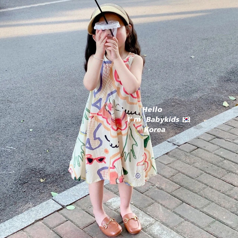 韩国童装2024春季韩版女童森系印无袖背心裙儿童连衣裙宝宝棉布裙