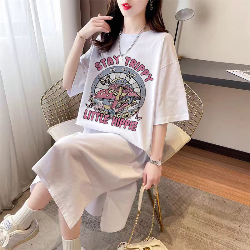 White Dress Loose Cotton Short-Sleeved Long T-Shirt Women's Skirt Fat mm Covers Belly and Looks Slim Large Size Slit Long Skirt