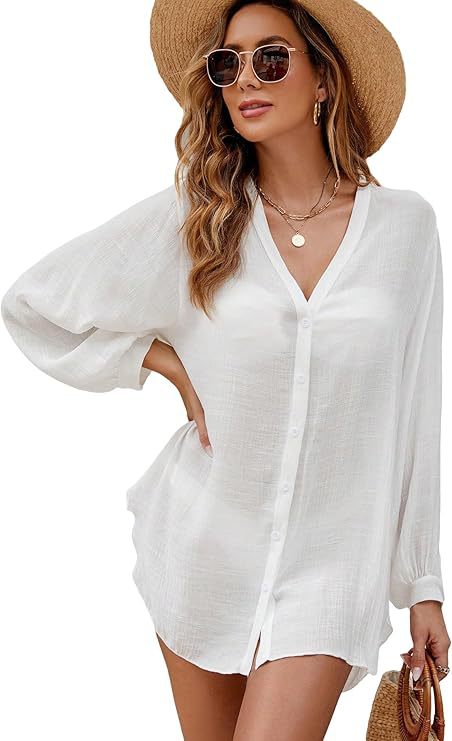 Camicia da donna estiva in Tencel, bambù e cotone, tinta unita, copricostume da spiaggia/bikini_voghion.com