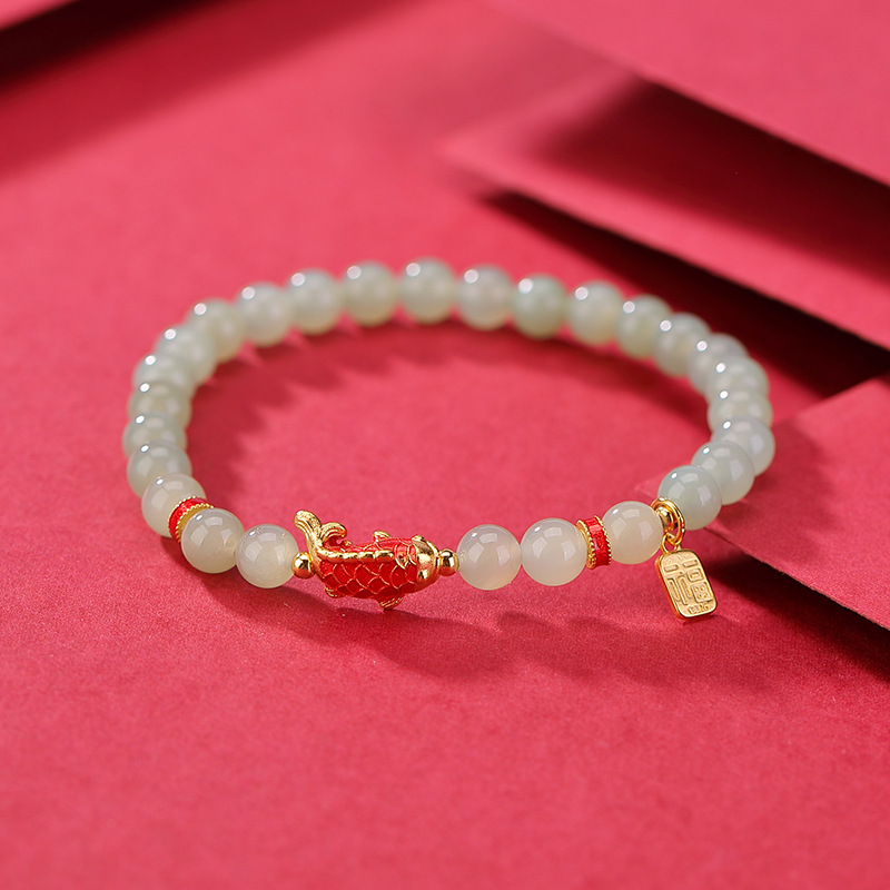 Vòng tay bạc S925 mạ vàng đính đá sapphire Hetian hạt tròn phong cách Koi Fu — Một chiếc