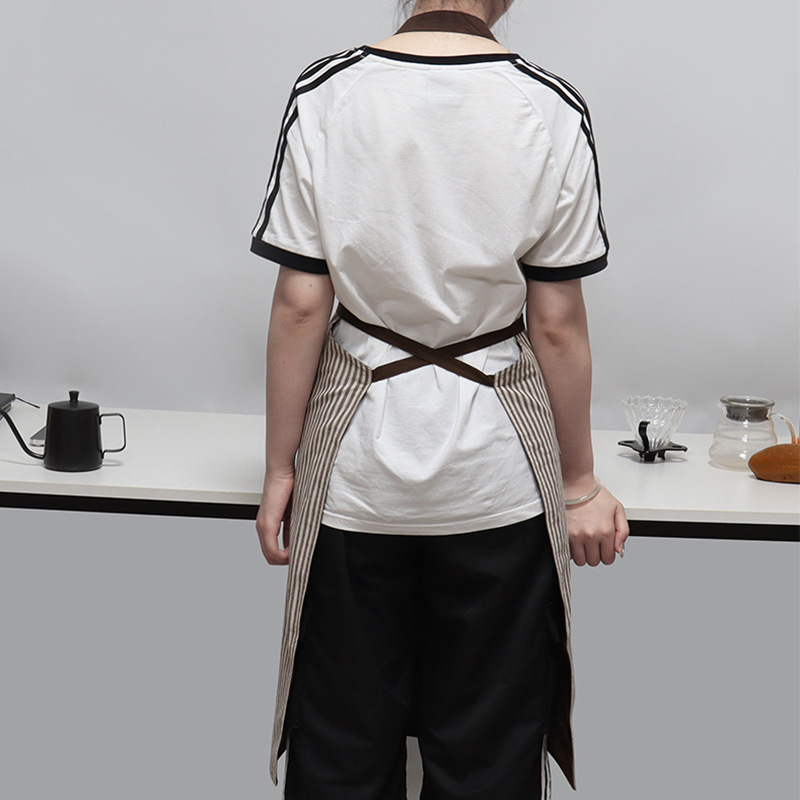 Amazon transfronterizo doble delantal de algodón estriado cuello ajustable barista ropa de trabajo delantal de cocina