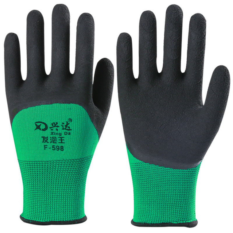 興達發泡王浸膠手套尼龍皺紋手套防水防滑耐磨工地建築勞保手套