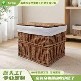 跨境北欧风藤编织带盖收纳箱大容量 定制多功能杂物收纳编织篮子