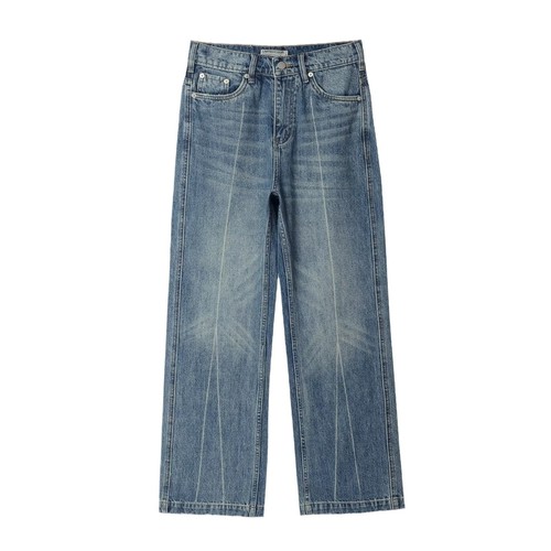 Trendy Washed Spring Men's Long Pants: Youthful, Popular, Loose-Fit, Straight-Leg Denim Jeans with Harajuku-Style Zipper