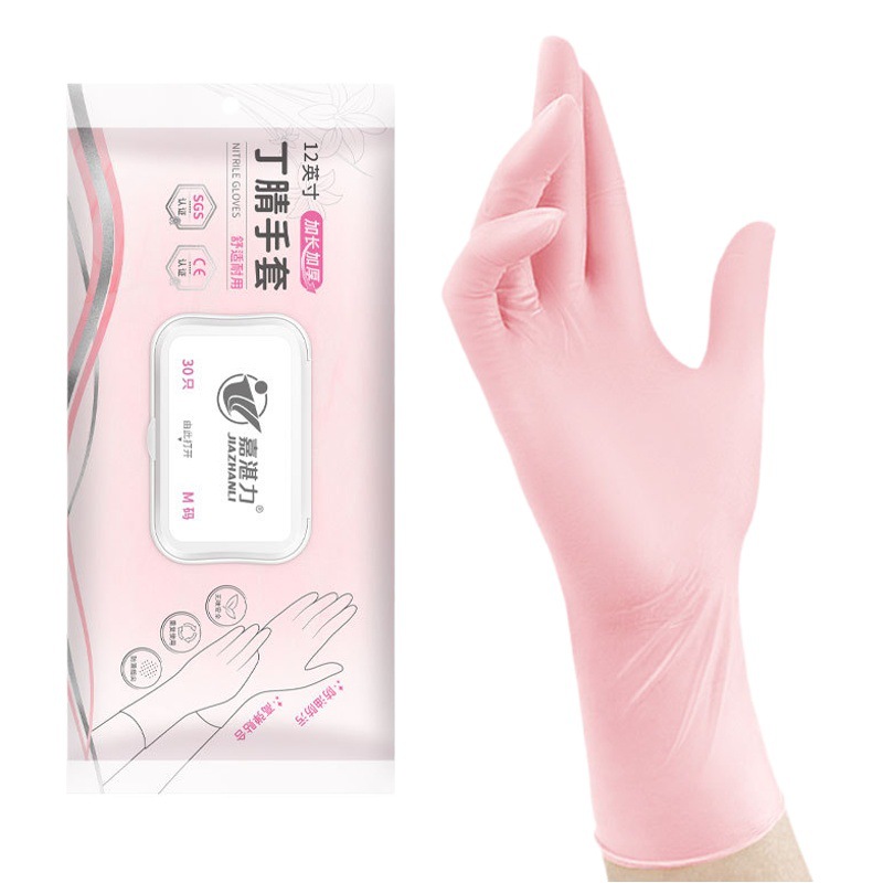 Guantes Ding Qing alargados y engrosados de 7g de 12 pulgadas en bolsas, limpieza para el hogar rosa, lavado de platos, guantes domésticos de nitrilo puro
