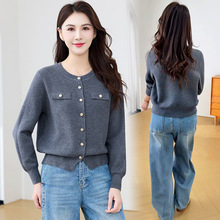 圆领开衫毛衣女2025年秋季新款韩版简约时尚上衣小香风女装针织衫