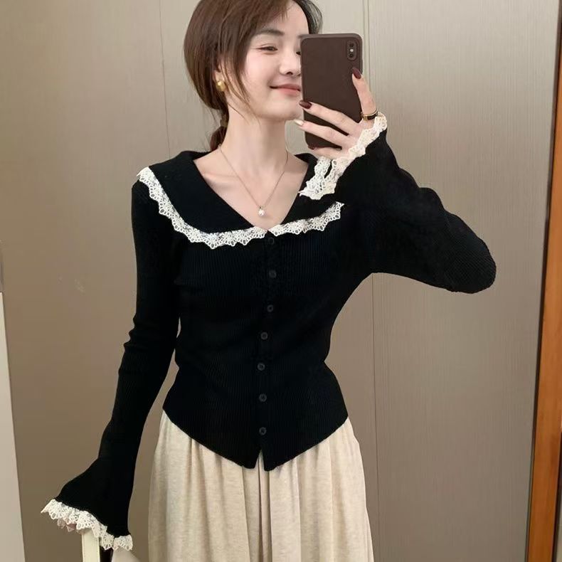 甜美娃娃领开衫纽扣女蕾丝边长袖秋冬装2024新款修身显瘦内搭上衣