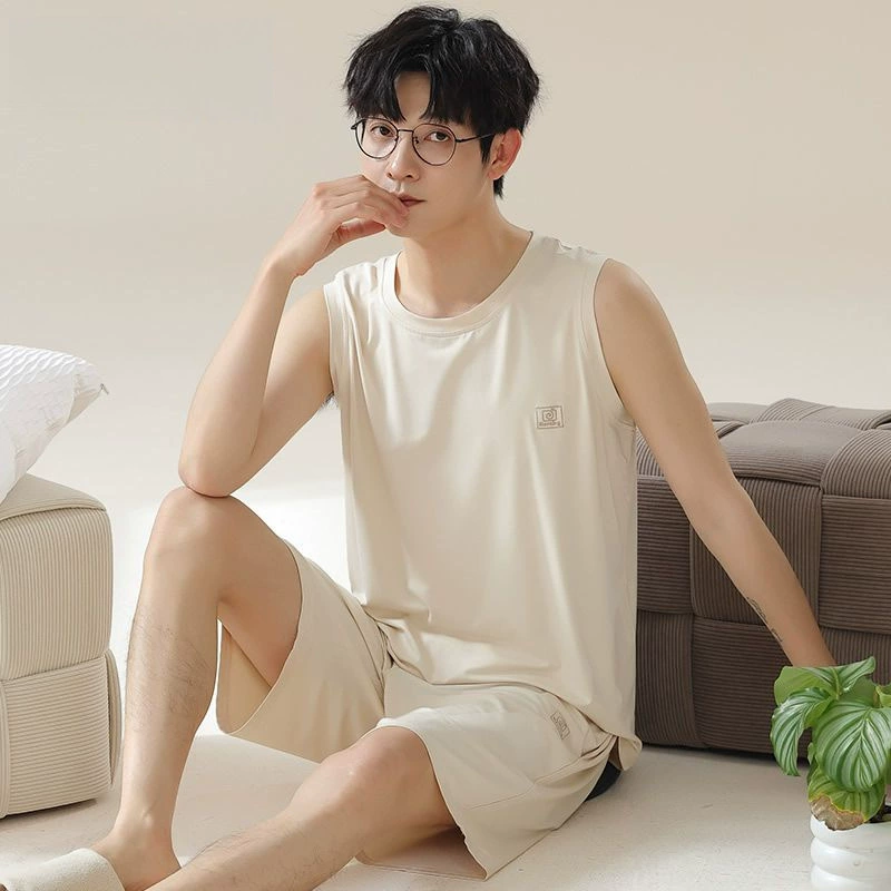 Жилет пижамный мужской летний модальный хлопок шелк ледяной шелк шорты без рукавов костюм большого размера домашняя одежда