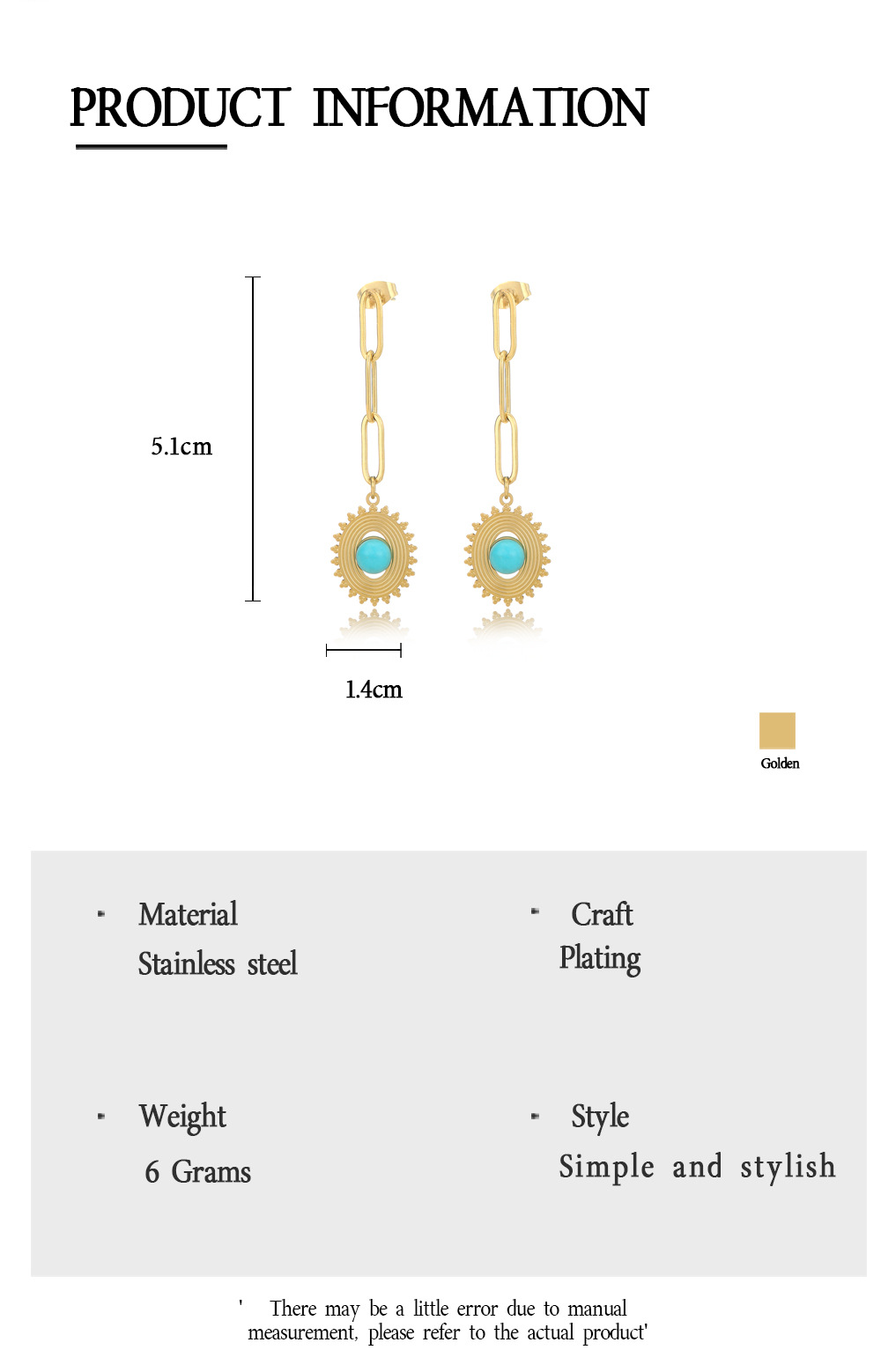 Wholesale Pendientes De Girasol Turquesa De Acero Inoxidable Dorado De Moda Nihaojewelry display picture 2