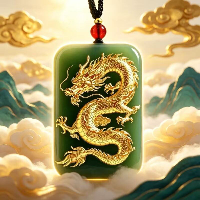 Dragon Pendant for Men, Clear Gold Pattern Dragon Amulet, Traditional Chinese Style Auspicious Necklace Pendant, White Version, Green Version
