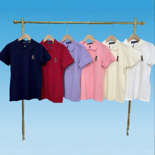 Rl/Foreign Trade High-Quality Little Bear Raff 25 Summer Polo Collar Embroidered Cotton Knitted Cartoon T-Shirt Short-Sleeved Women