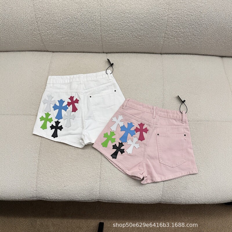 2025 New High-Waisted Colorful Cross-Embroidered Denim Shorts for Women, Summer Casual Versatile Hot Girl Style Shorts