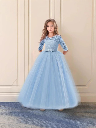 Girls' Bow Puffy Skirt Flower Girl Wedding Dress Children's Dress Girl's Dress Princess Three-Quarter Sleeve Dress