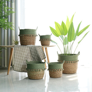 Rattan Straw Flower Basket Nordic Hand-woven Flower Pot Living Room Balcony Decorative Floor-standing Potted Plant Green Plant Set Basket