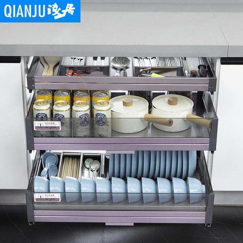 K9HX wholesale pull basket kitchen cabinet built-in drawer type double-layer space aluminum dishes tools pull basket kitchen cabinet pots and bowls