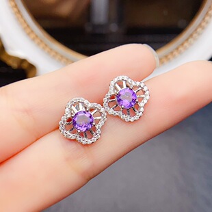 New Natural Amethyst Stud Earrings S925 Silver Inlaid Main Stone 5*5mm Versatile Trendy Popular Women's Jewelry Wholesale