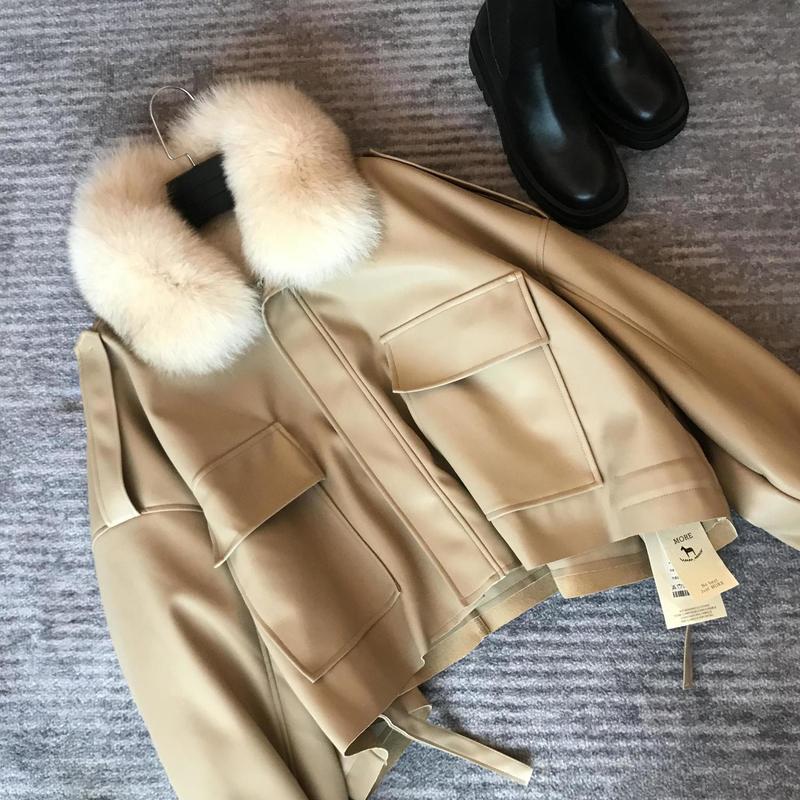 2025秋冬新品加绒加厚皮衣短款可拆兔毛毛领夹克外套保暖棉服女潮|undefined
