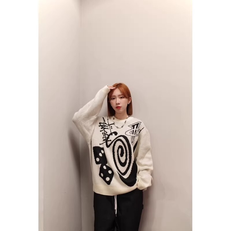 2025 New Men's Sweater Trendy Brand Loose Stussy Black Eight Billiard Dice Mosquito Coil Swirl Crew Neck Casual Sweater