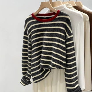 大码撞色条纹内搭打底衫女2025年春季慵懒风上衣减龄宽松针织毛衣