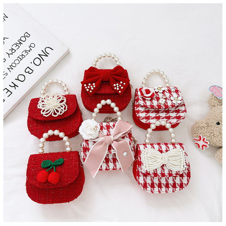 Women's Cotton And Linen Plaid Cherry Bow Knot Cute Beading Pearls Shell Flip Cover Crossbody Bag display picture 17
