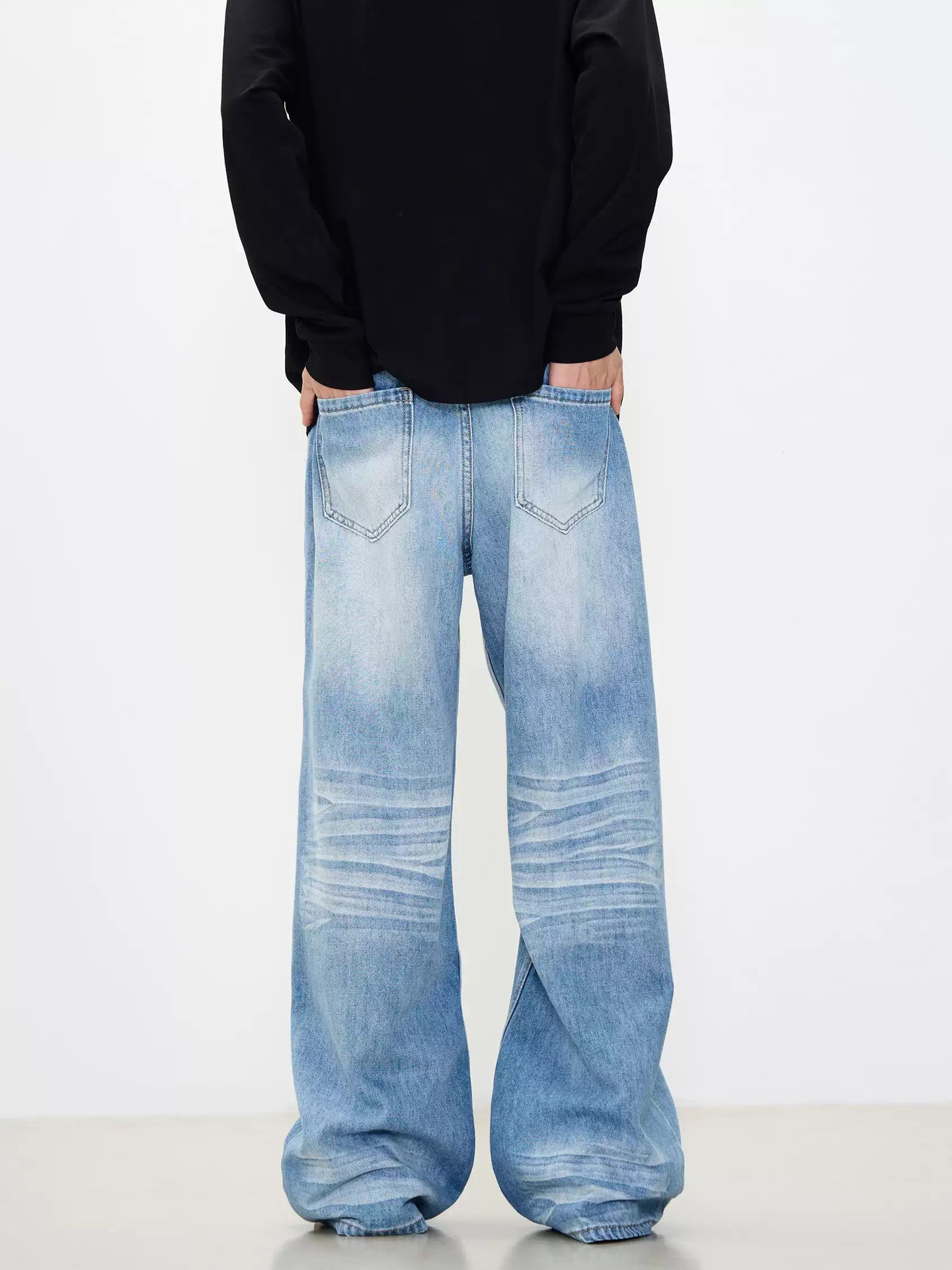 Men's Clothing Unisex American Style CleaAfit Distressed Denim Jeans Vintage Washed Floor Length Loose Straight Leg Wide Leg Trousers_mkmklike.com