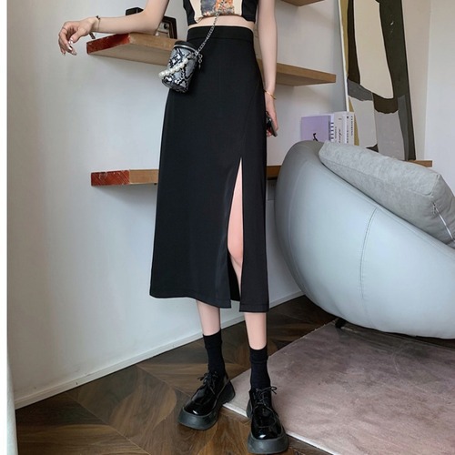 Women's Spring and Summer High-Waisted Skirt with Slits, A-Line and Buttock-Covering, Suitable for Petite Figures, Versatile and Stylish