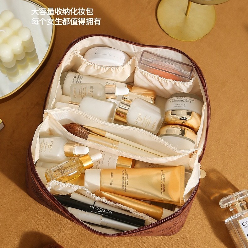 Pu レザー大容量多機能レトロスタイル三次元エンボス化粧品バッグ化粧品トイレタリー収納ポータブル|undefined