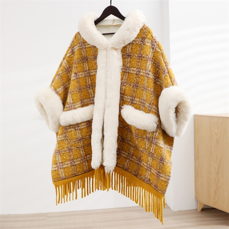 Thick loose cape cape for women and woolen plus-size coat warm wool-collar hooded cape_voghion.com