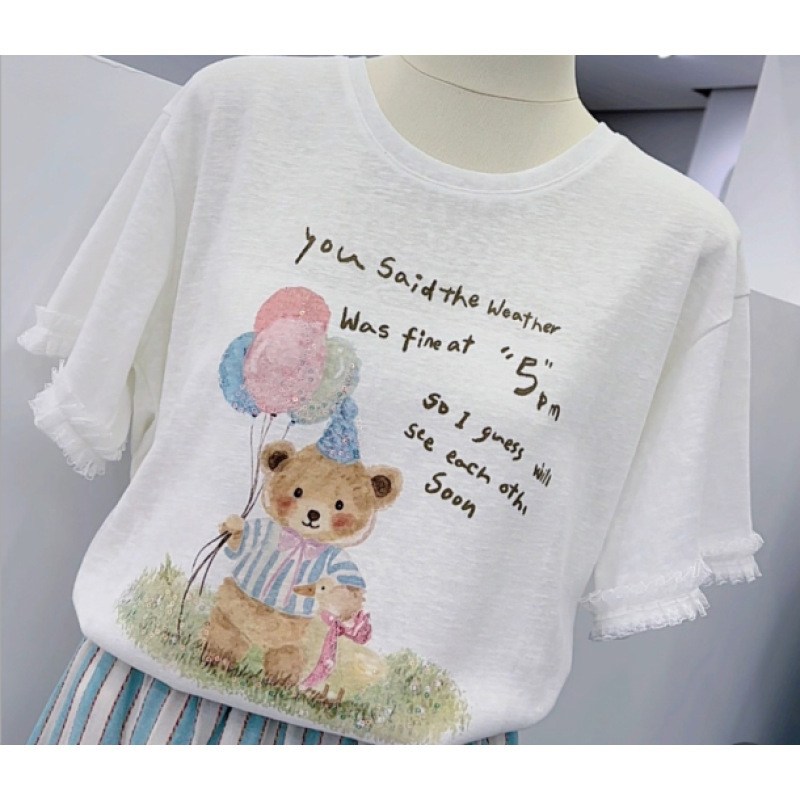 [Milk White Balloon Bear] Hg00149 Lace-Trimmed Short-Sleeved T-Shirt for Women with Cute Bear Print, Loose Fit for Students